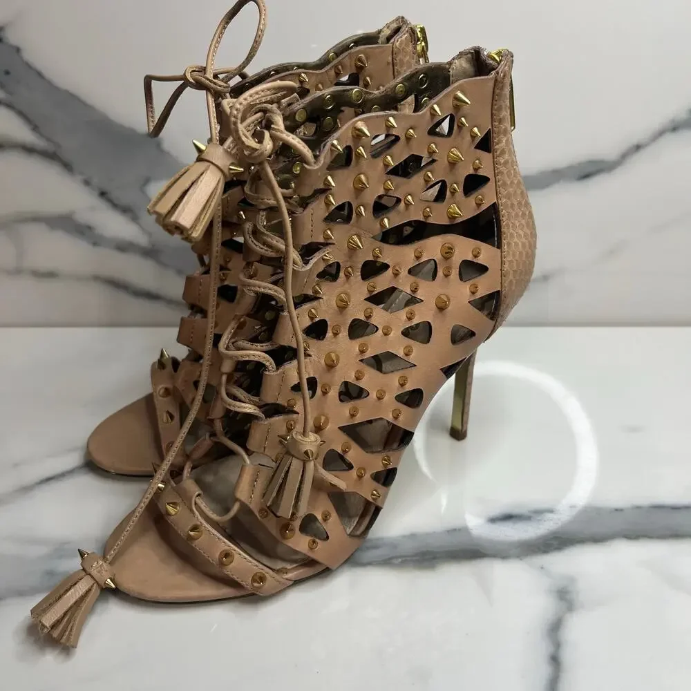 Sam Edelman Women's Tan Leather Spikes Open Toe Allison Bootie Heels Sz 6.5